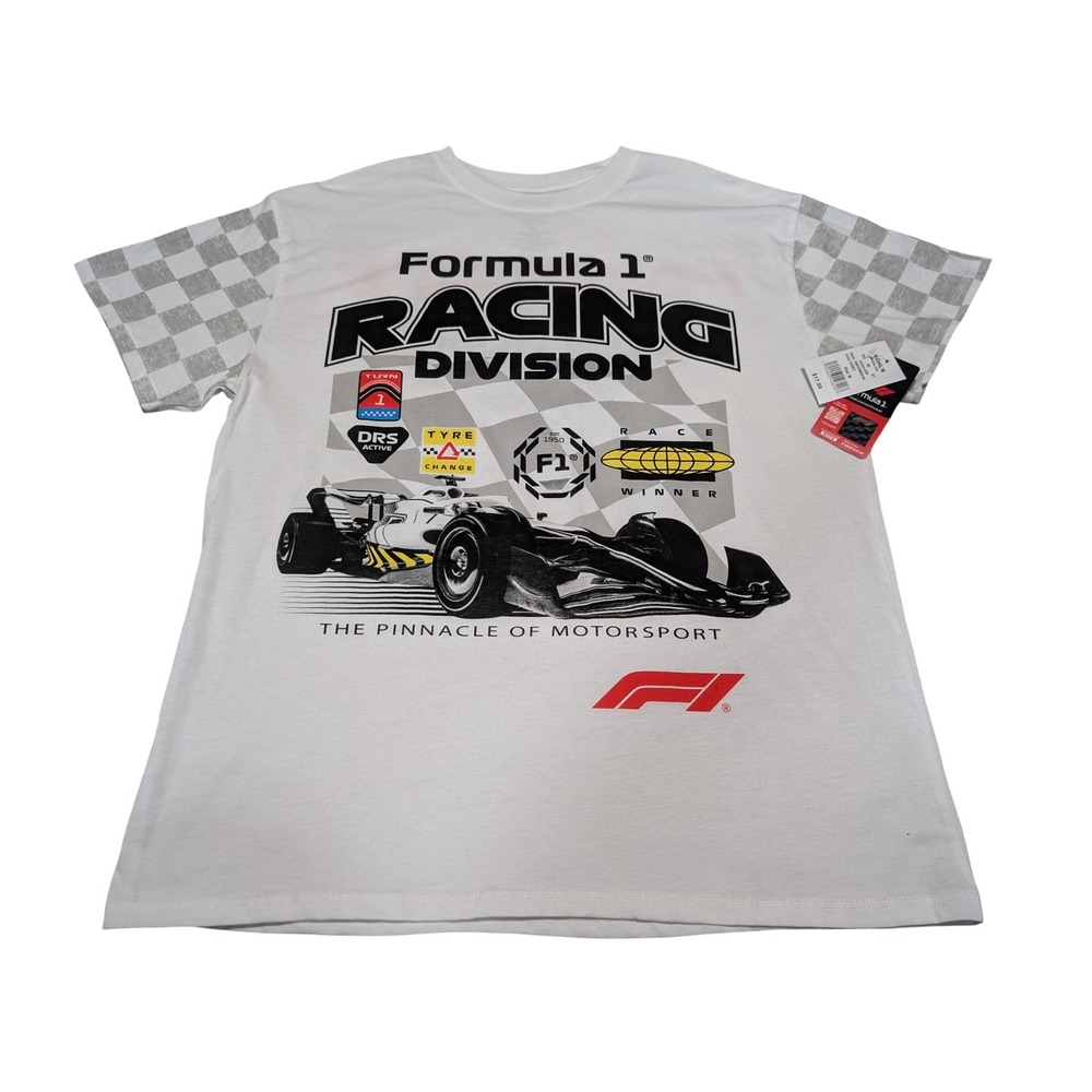 Formula‎ 1 T-Shirt Mens M Egret Racing Division Graphic Checkered Sleeve F1 Tee
